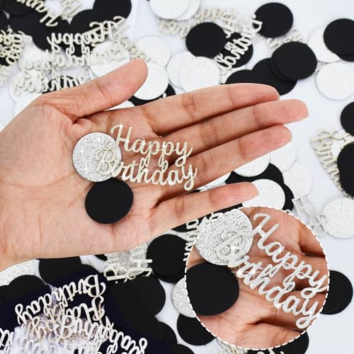 Image of 200Pcs Happy Birthday Confetti Glitter Silver And Black Circle Dots Confetti Table confetti For Birthday party Halloween Bachelorette Wedding Baby Shower Decorations
