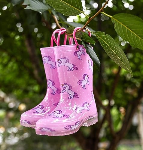 OUTEE Toddler Girls Rain Boots Little Kids Baby child Light Up Waterproof Rubber Shoes Unicorn Printed Mud Lightweight Adorable with Easy-On Handles Non Slip Sole Pink Size 8