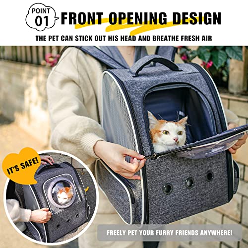 Katzenrucksack Haustier Rucksack belüftet mit Sicherheitsleine & Raumkapsel-Design - Leicht faltbar für Reisen, Outdoor & Tierarztbesuche bis 6kg (Grau)
