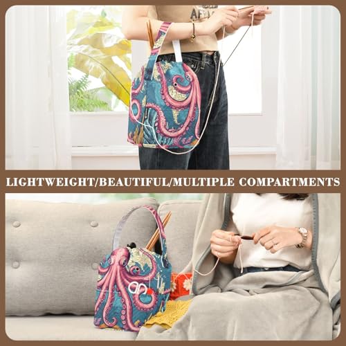 Image of Tatenale Crochet Bag Yarn Bag Knitting Project Bag with Pockets and Handle Portable Yarn Storage Organizer Tangle Free 8.3x11 InchWorld Map Octopus Corals and Seaweeds28