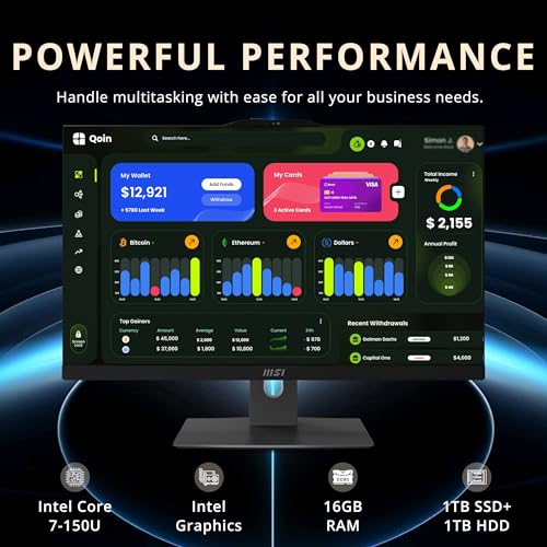Image of msi Modern 23.8 inch FHD All-in-One Touchscreen Desktop, Intel Core 7-150U, 16GB DDR5, 1TB SSD+1TB HDD, Intel Graphics, Webcam, Wireless Keyboard & Mouse, Win 11 Pro, Black, 1TB Docking Station Set