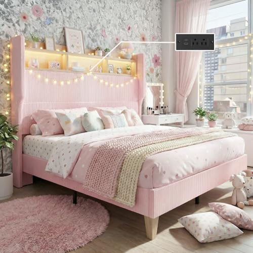 HOMRELEXA Queen Size Girls Bed Frame with 51 Tall Headboard LED Lights & Charging Station Corduroy Upholstered Platform Bed with Storage Shelf No Box Spring Needed Pink