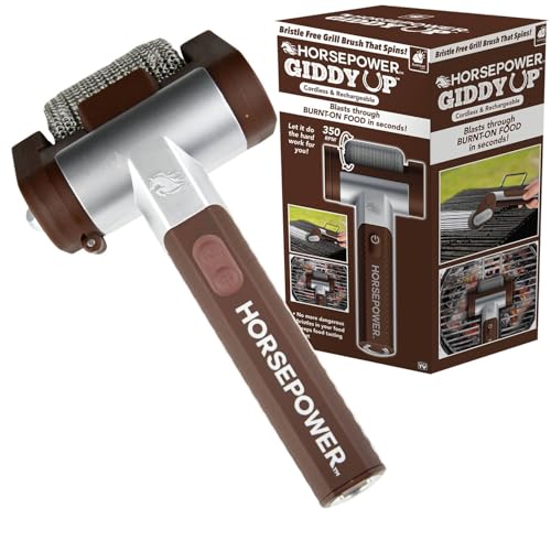 Horsepower Giddy Up Bristle-Free Spinning Grill Brush w/LED, AS-SEEN-ON-TV, Cordless & Rechargeable, 304 Stainless Steel Power Roller Blasts Away Burnt-On Food, No Preheating, 350 RPM, 9 in, Brown