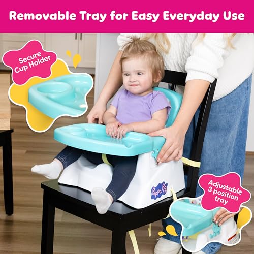 Image of Peppa Pig Booster Seat with Tray, Toddler Dining Chair for Kitchen Table with Adjustable Tray, Cup Holder & Safety Straps, Portable, Easy to Clean, Fits Most Chairs