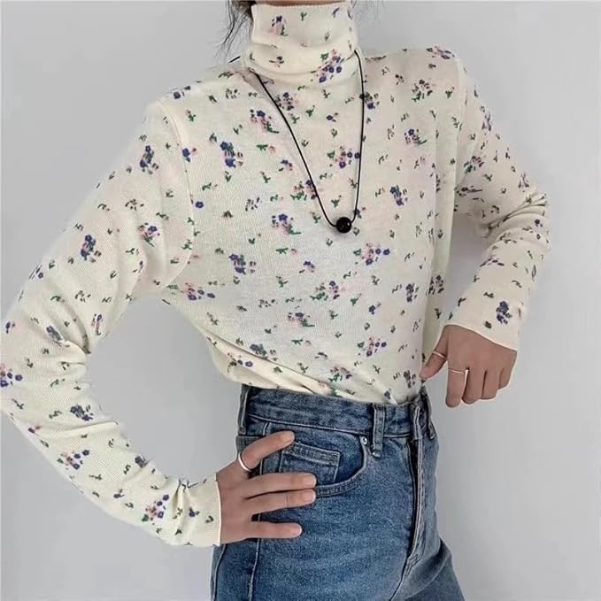 Chvity Womens Retro Floral Tops Turtleneck Long Sleeve Vintage Tee Fall Winter Basic Slim Blouse Shirts2