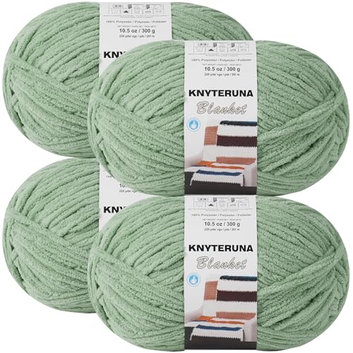 Image of #6 Super Bulky Blanket Yarn for Crocheting - 4 Skeins(Each 10.5oz /300g, 220yds /201m), Chunky Chenille Thick Plush Big Soft Yarn for Crocheting Knitting Blankets, Soft Sage Green