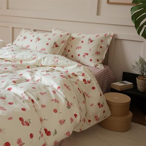 MENRAIBO 綿100 布団カバー 4点セット シングル セミダブル ダブル サイズ 花柄の 掛け布団カバーボックスシーツ 枕カバー 純綿 来客用 洗い替え 速乾 通年 洋式 和式 兼用 春夏秋冬用 (セミダブル, 桜水晶)