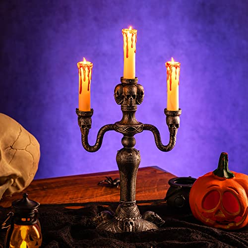 Image of JOYIN 2 Pcs Skull Candelabra Halloween Decorations Indoor LED Lights Flameless Candles Holder, Scary Haunted House Mansion Decor for Table Home Party