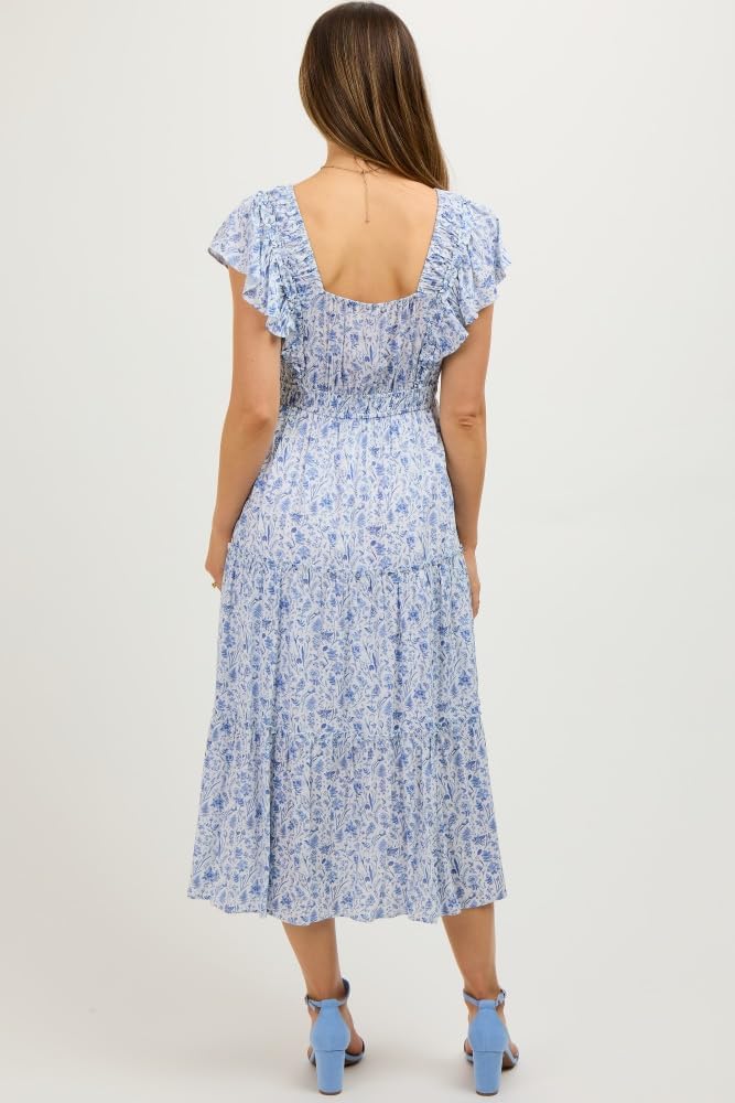 PinkBlush Floral Front Ruched Ruffle Shoulder Tiered Maternity Midi Dress