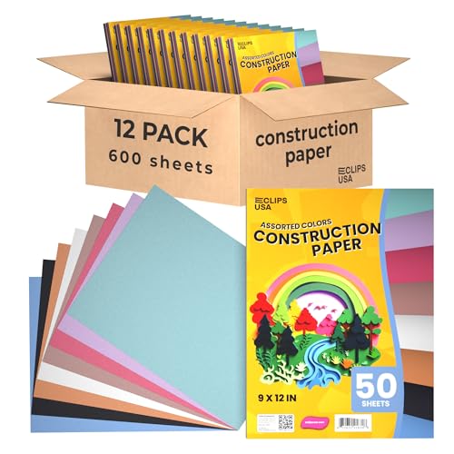 Construction Paper Bulk (600 Sheets) 9 x 12 Construction Paper for Kids, Color Art Paper, Assorted Colors, 50 Sheets Per Pack, (12 Pack)