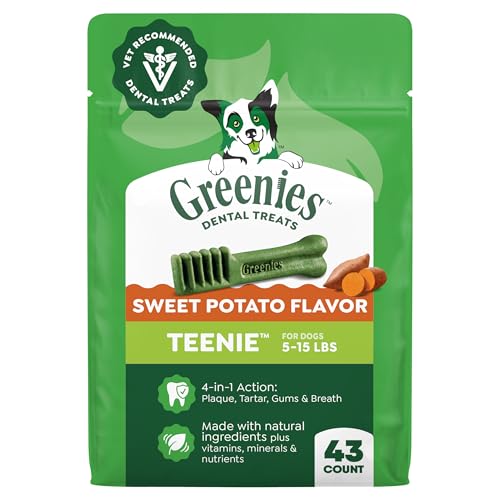 Image of Greenies Dog Treats Veterinarian-Recommended Natural Dental Treats for Dogs, Teenie Size, Sweet Potato Flavor, 12 oz. Pack, 43 Count