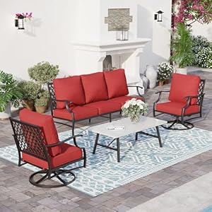 4 Piece Metal Outdoor Patio Furniture Sets, Patio Conversation Sets 1 3-seater Sofa, 2 Swivel Chair with 5.75" Extra Thick Cushion and Coffee Table, Black Frame Backyard Furniture, Red 4 Piece Metal Outdoor Patio Furniture Sets Patio Conversation Sets 1 3 seater Sofa 2 Swivel Chair with 575 Extra Thick Cushion and Coffee Table Black Frame Backyard Furniture Red