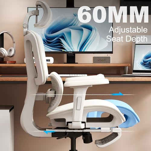 Image of Vonesse Ergonomic Office Chair with Footrest, Desk Chairs with Adjustable 3D Headrest and Armrests, Computer Gaming Chair with Dynamic Lumbar Support & Adjustable Depth Breathable Mesh Seat (White)