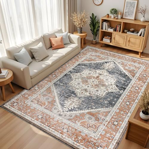 Taleta EMILY Washable Rugs for Living Room Large Orange Vintage B...