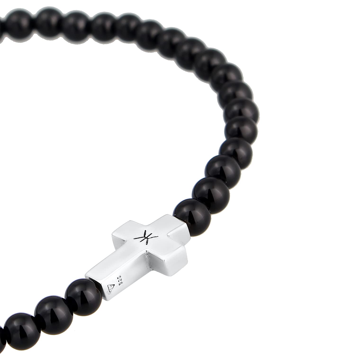 Kuzzoi Buddha Bracciale da uomo in pietra naturale, elastico in perle di onice (4 mm), bracciale con croce in argento sterling 925, da uomo, 19 cm, Pietra, Onice