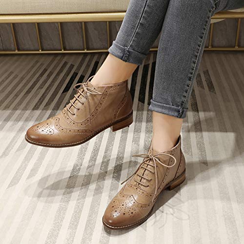 Image of Mona flying Women's Leather Brogue Ankle Boots Low Heel Oxford Booties
