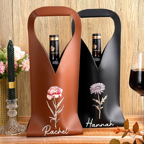 callie Personalized Birth Flower Wine Tote Bags, Custom Leather 1 Bottle Wine Carrier Gifts Bag for Travel, Picnic, Birthday, Wedding, Wine Gifts for Women3