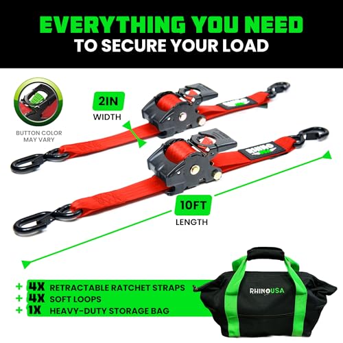 Image of Rhino USA Retractable Ratchet Straps (4-Pack) - 2 Inch x 10 Feet (3,033lb Break Strength) - Heavy Duty Auto Self Retracting Tie Down Straps for Truck, Cargo Trailer, Motorcycle, Rad & More - Red