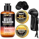 Goiple 360 Wave Shampoo Wave Pomade Strong Hold 360 Training Hair Cream, Wave Butter for Men Pocket Palm Brush Curved Brush Silky Durags for Men Extra Long Tails Wave Brush Wave Cap Set