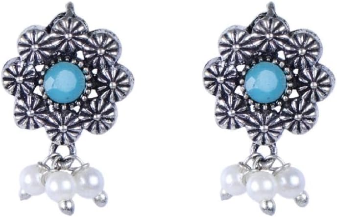 Efulgenz Oxidized Indian Jewelry Necklace Sets Indian Oxidized Jewelry Boho Floral Chain Pendant Crystal Necklace Set Faux Pearl Drop Dangle Earrings Bohemian Statement Jewelry Set for Women - Image 7