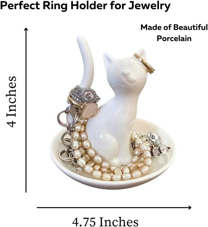 Evelots Cat Ring Holder Jewelry Dish, White Porcelain Cat Trinket Dish for Rings and/or Earrings Organizer, Bracelet Holder, Cat Lovers Gift, Valentines, Mothers Day, Jewelry Holder