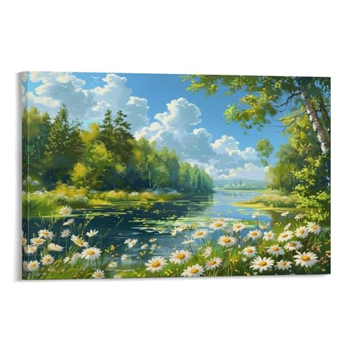 絵画 春の森の川の花 アートパネル ポスター 美しい自然の風景 イラストアート インテリア 絵画 モダン 風景画 装飾画 玄関 壁掛け キャンバス 飾り絵 シリーズ アートボード 部屋飾り 壁飾り 壁の絵 ソファの背景絵画 木枠付きの完成品 40x60cm