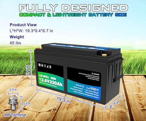 Image of 12 Volt 230Ah Lithium Golf Cart Battery, 12V LiFePO4 Battery, 200A BMS, 4000+ Cycles, 2.94 kWh Energy, 2.56kW Max Power Output, Perfect for Off-Grid, Home Storage, RV, Marine