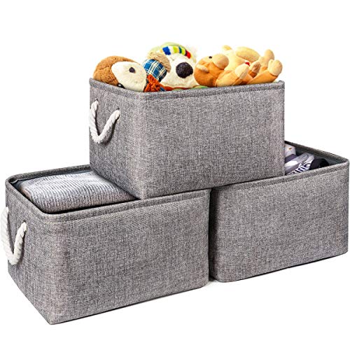 AivaToba Aufbewahrungskorb Faltbare Aufbewahrungsboxen Stoff mit Griff, Dickwandige Aufbewahrungsbehälter aus Leinen für Kleidung Spielzeug Schlafzimmer Regal Schrank (3 Pack, Grau)