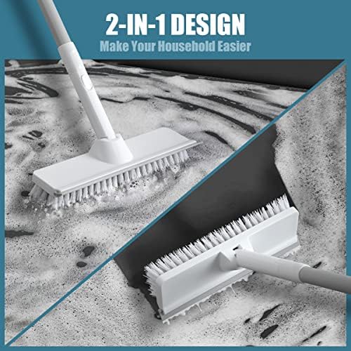 Floor Cleaning Brush with Squeegee Shower bathroom Broom Indoor Outdoor Brush 2 in 1 Stiff Bristle Sweeping Tools with Long Handle for Kitchen, Patio, Wall, Deck Swimming Pool and Wooden Floor