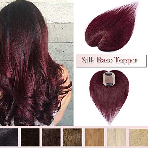 100% Real Human Hair Silk Base Top Hairpiece Clip in Hair Topper for Women Crown in Hand-made Toppee Middle Part with Thinning Hair Loss Hair #99J Wine Red 10''20g