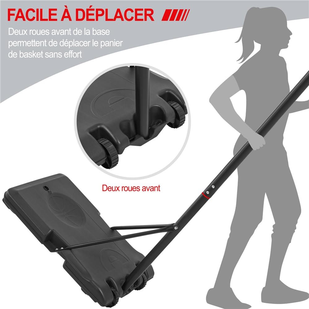 Yaheetech Panier de Basket Extérieur Portable Réglable en Hauteur 219-249/234-264 cm Panier de Basket sur Pied à roulettes avec Base de Lestage Panneau Arrière Robuste Noir