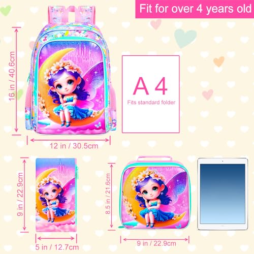 Image of AGSDON 3PCS Girl Backpacks for Elementary Kids Backpack School with Lunch Box, 16 inch Bookbag for Girls 3 in 1 Set for Water Resistant