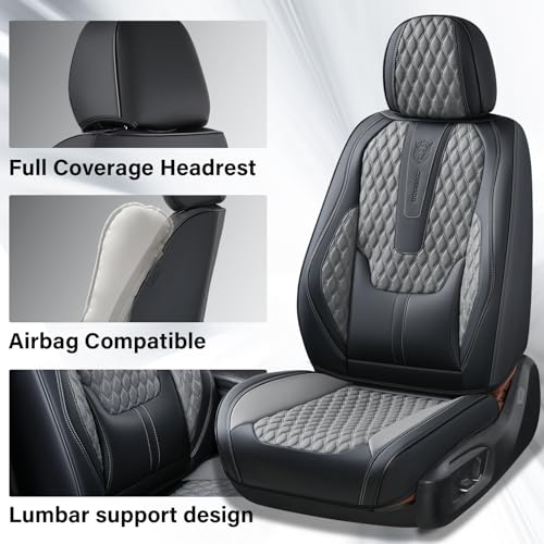 Image of Coverado Leather Seat Covers for Car, Waterproof Front Car Seat Covers with Lumbar Support Universal Fit for Most Sedans SUV Pick-up Truck(Black&Gray)