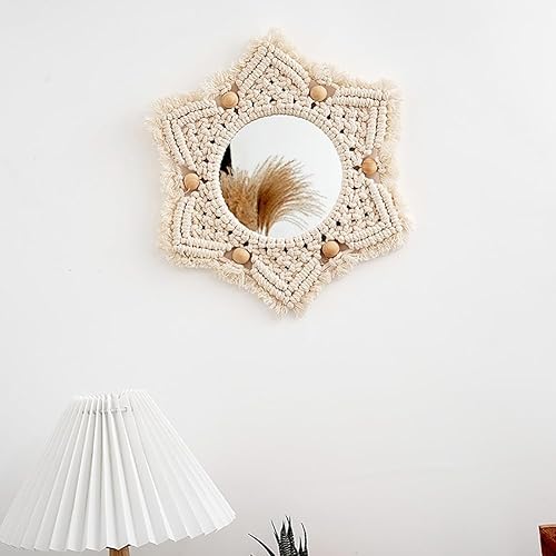 AVCULT Espejo de pared bohemio, espejo de pared colgante con círculo de flecos, espejo colgante redondo, arte bohemio rústico para dormitorio, sala