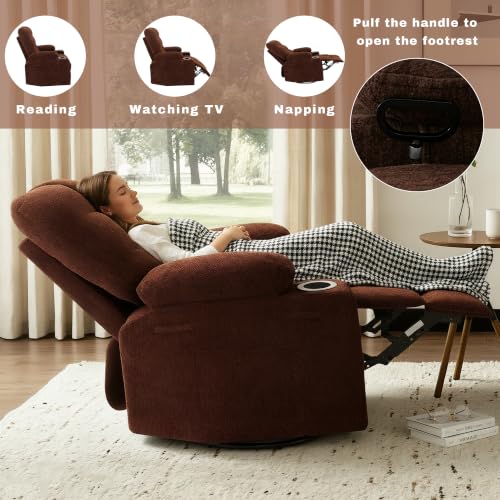 Image of Swivel Rocker Recliner Chair,Recliner Single Sofa with Cup Holders, Manual Nursery Rocking Chair with Side Pockets, Modern Upholstered Recliner for Living Room,Apartment,Home Theater(Brown)