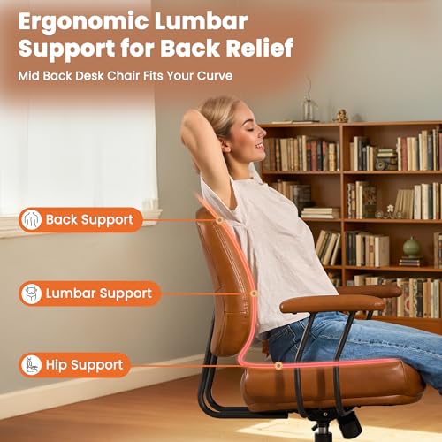 Image of Leather Home Office Chair, Mid Back Ergonomic Desk Chair with Lumbar Support, Mid Century Modern Deep Seat Swivel Rocking Computer Chair, Brown