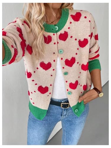 WDIRARA Women's Heart Print Button Down Sweater Long Sleeve Cardigan Color Block Knitted Outerwear4
