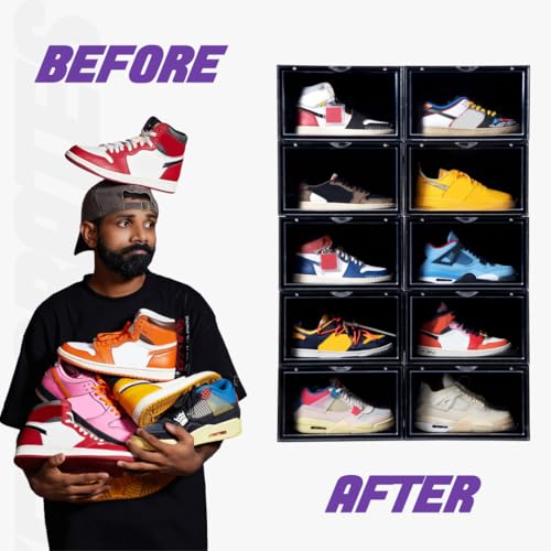 Image of SNEAKARE Stackable Shoe Storage Box | Heavy Duty Plastic Sneaker Crate with Magnetic Door | Shoe Organizer for Men & Women | Fits Upto UK 14 | Durable Shoe Storage Box Black Pack of-1