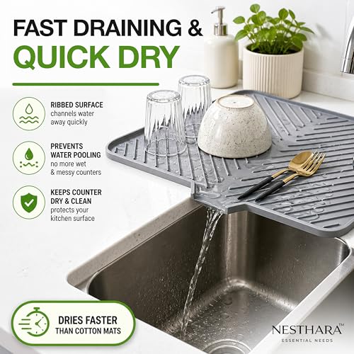 Image of Premium Large Silicone Dish Drying Mat for Kitchen Sink Counter | Easy Clean, Foldable Kitchen Mat | Non-Slip Heat Resistant Utensil Drainer Mat | Quick Dry Ribbed Surface (58x43 cm / 23x17 inch)