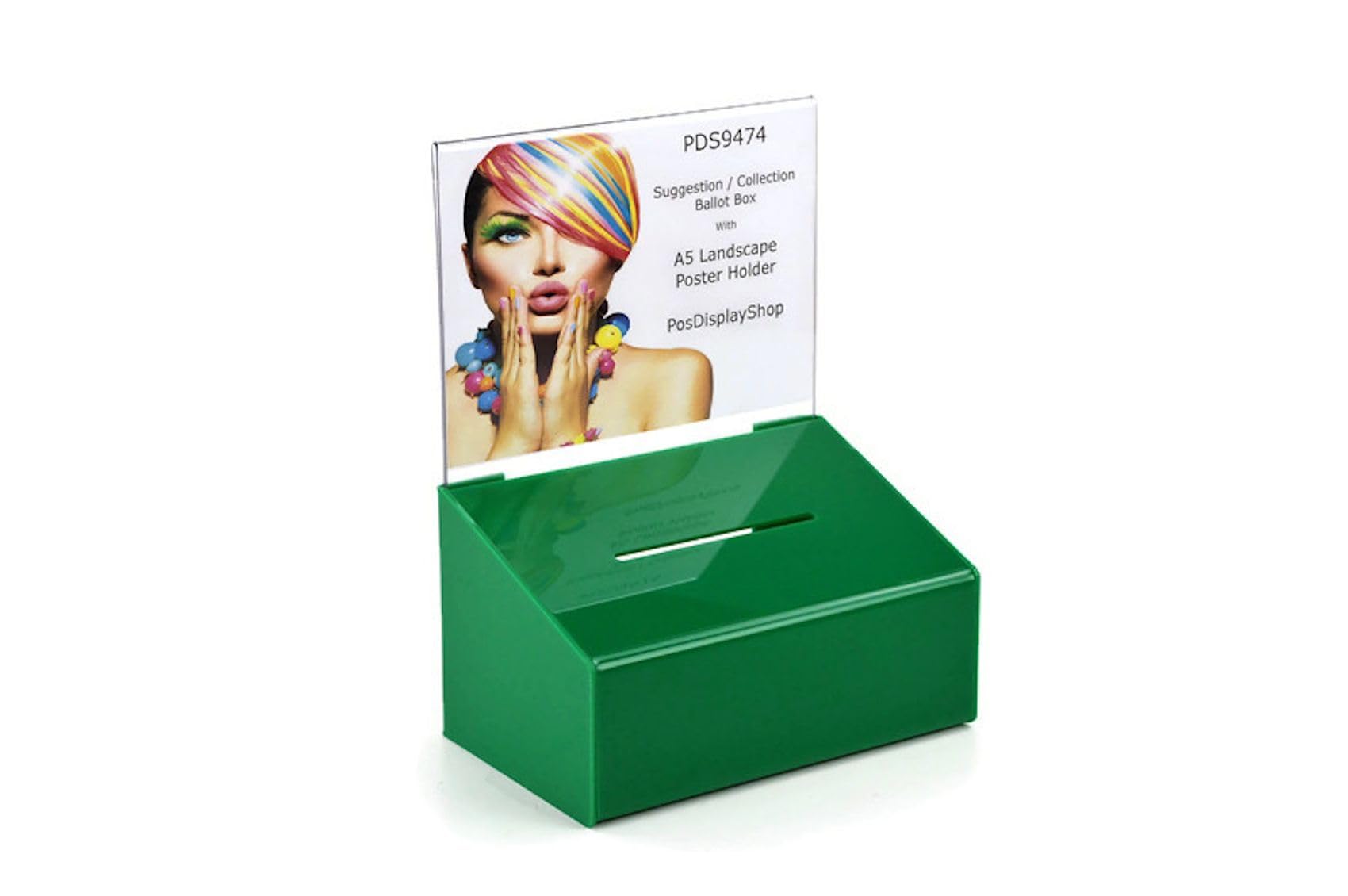 Pos Display Shop Dark Green Acrylic Suggestion Feedback Business Card Collection Box with A5 Landscape Poster Holder - PDS9474 Dark Green A5L
