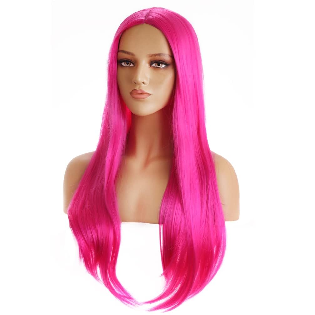 BERON 28 Inches Hot Pink Wig Middle Part Long Straight Synthetic Wigs for Women Cosplay Daily Party Hairnet Included