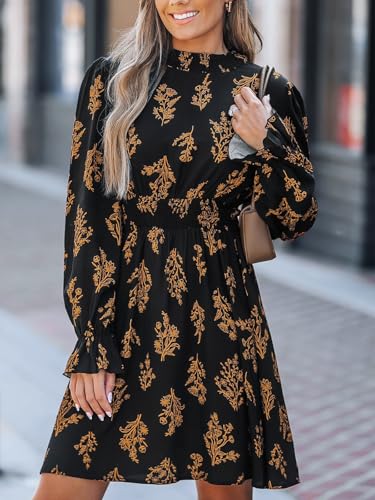 CUPSHE Women's Mock Neck Floral Mini Fall Dress Long Ruffle Sleeve Elastic Waist Smocked Casual Flowying Mini Dresses3