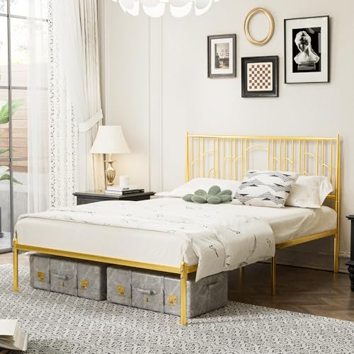 ROCKRAIN Queen Metal Bed Frame: Modern Gold Platform with Art Headboard - Sturdy Steel Frame & Under...