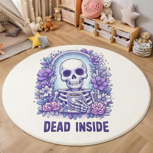 Tapis rond fleur de crâne dessin animé lavable beige