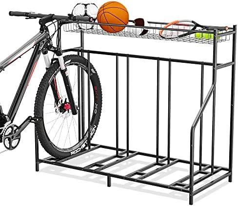 Gadroad 4 Bike Rack Garage with Storage Basket, Bike Rack Floor Stand, Garage Organizer Bike Parking Rack, Metal Floor Bicycle Rack Station for Mountain/Kids Bike, Black