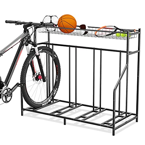 Gadroad 4 Bike Rack Garage With Storage Basket, Bike Rack Floor Stand, Garage Organizer Bike Parking Rack, Metal Floor Bicycle Rack Station For Mountain/Kids Bike, Black #TOP3