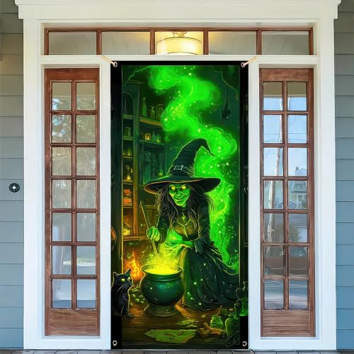 Image of BlissYard Halloween Door Cover Witch Potion Room 71 x 35 Inch | Polyester, Green Witch and Black Cat Potion Room, Haunted House Door Decor, Porch, Wall and Halloween Party Backdrop