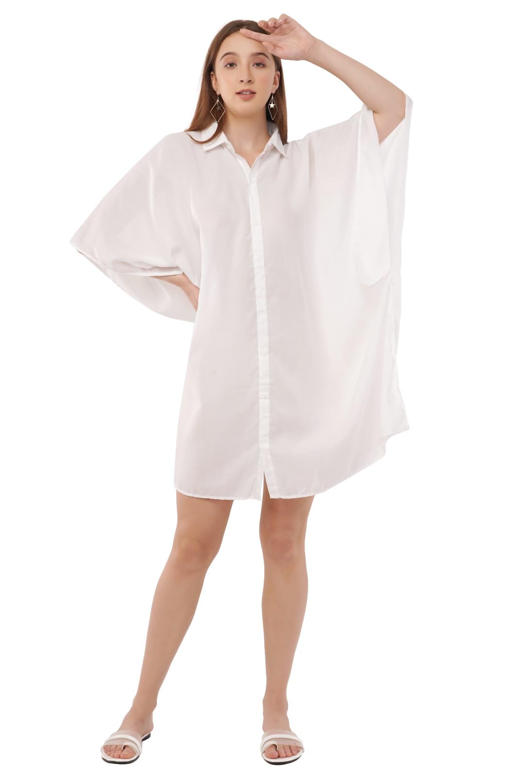 art of creation Women's Solid Sheer Cover Up Shirt | Oversized Button Down Beach Cover-Up | Collared Long Kaftan Style Swimwear Cover-Up | Casual Loose Fit Bikini Cover-Up for Women-picture-15