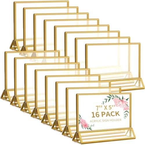 Smarpau 5x7 Acrylic Sign Holder with Gold Frames，16 Pack Wedding Table Number Holders，Double Sided Table Menu Acrylic Sign，Horizontal Picture Frame，Restaurant Sign，Photos Display，Paper Display Stand