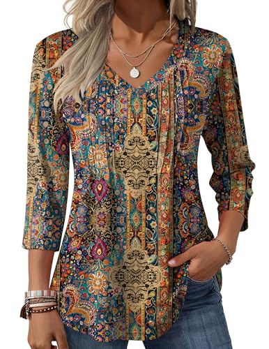 Zeagoo 3/4 Length Sleeve Womens Tops Casual V Neck Pleated Fall Top Plus Size Boho Blouse Western Shirt